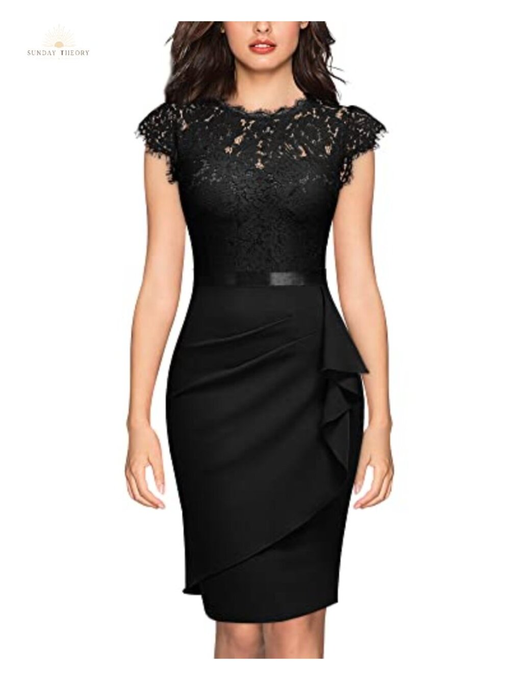 Women's Cap Sleeve Lace Ruffle Cocktail Dress Sheath with Satin Sash